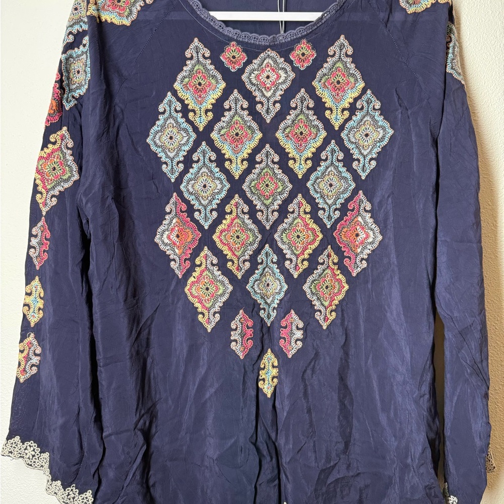 Johnny Was Navy and Multicolor Patterned Blouse